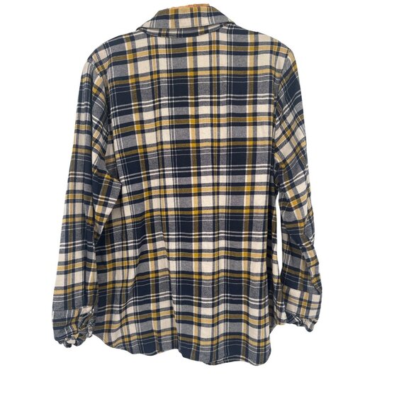 Cabi Womens Navy & Mustard Plaid Button-Up Shirt With Ruffle Front Detail Size L - Picture 5 of 6
